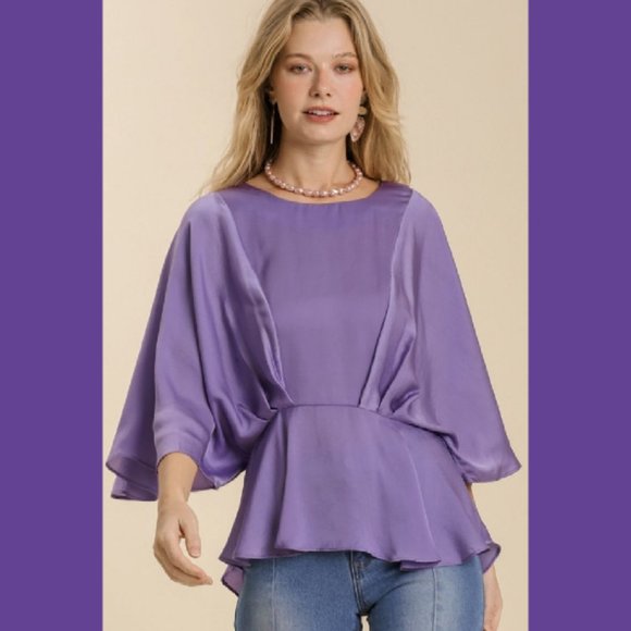 New UMGEE S 4 6 Purple Haze Washed Satin Kimono Sleeve Art Deco Top Peplum Top - Picture 1 of 5
